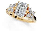 Floral Engagement Ring Setting for Emerald Cut Center with Marquise Cluster Shoulders and Prong Head in Yellow Gold