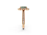 Milgrain Halo Engagement Ring Setting for Fancy Green Radiant Cut Center with Bezel Point Accents and Prong Head in Rose Gold