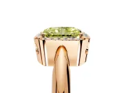Halo Engagement Ring Setting for Fancy Yellow Radiant Cut Center with Tapered Plain Band and Prong Head in Rose Gold