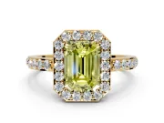 Halo Engagement Ring Setting for Fancy Yellow Emerald Cut Center with Heart-Shaped Openwork, Pave Band and Prong Head in Yellow Gold