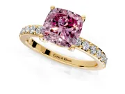 Solitaire Engagement Ring Setting for Fancy Pink Cushion Cut Center with Round Cut Pave Band and Prong Head in Yellow Gold