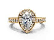 Milgrain Halo Engagement Ring Setting for Pear-Shaped Center with Wide Pave Band and Prong Head in Yellow Gold
