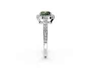 Bezel-Framed Halo Engagement Ring Setting for Fancy Green Cushion Cut Center with Pave Band and Prong Head in White Gold