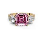 3 Stone Engagement Ring Setting for Fancy Pink Asscher Cut Center with Crossover Basket, Pave Band and Prong Head in Yellow Gold