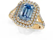 Double Halo Engagement Ring Setting for Fancy Blue Emerald Cut Center with Narrow Pave Split Shank and Prong Head in Yellow Gold
