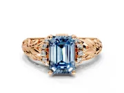 Solitaire Engagement Ring Setting for Fancy Blue Emerald Cut Center with Filigree Accent Basket and Prong Head in Rose Gold