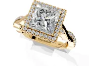 Halo Engagement Ring Setting for Princess Cut Center with Twist Band and Prong Head in Yellow Gold
