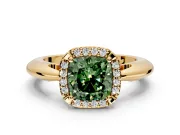 Halo Engagement Ring Setting for Fancy Green Cushion Cut Center with Tapered Plain Band and Prong Head in Yellow Gold