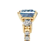 3 Stone Engagement Ring Setting for Fancy Blue Princess Cut Center with Round Cut Side Accents and Prong Head in Yellow Gold