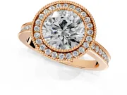 Halo Engagement Ring Setting for Round Cut Center with Milgrain Halo, Pave Band and Prong Head in Rose Gold