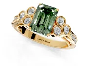 Cluster Engagement Ring Setting for Fancy Green Emerald Cut Center with Bezel Accent Clusters and Prong Head in Yellow Gold