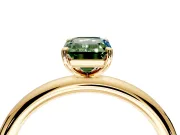 Low-Set Solitaire Engagement Ring Setting for Fancy Green Emerald Cut Center with Thin Plain Band and Prong Head in Yellow Gold