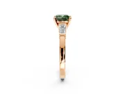 3 Stone Engagement Ring Setting for Fancy Green Cushion Cut Center with Channel Baguette Accents and Prong Head in Rose Gold