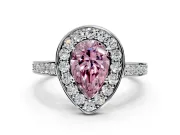 Bezel-Framed Halo Engagement Ring Setting for Fancy Pink Pear-Shaped Center with Pave Band and Prong Head in White Gold