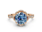 Halo Engagement Ring Setting for Fancy Blue Round Cut Center with Openwork Halo, Pave Band and Prong Head in Rose Gold