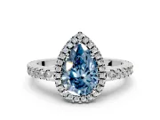 Accent Halo Engagement Ring Setting for Fancy Blue Pear-Shaped Center with Full-Length Pave Band and Prong Head in Sterling Silver