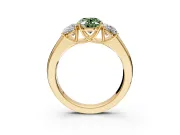 3 Stone Engagement Ring Setting for Fancy Green Oval Center with Raised Basket Heads and Prong Head in Yellow Gold
