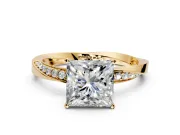 Side Accent Engagement Ring Setting for Princess Cut Center with Accent Shoulders and Prong Head in Yellow Gold