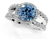 Halo Engagement Ring Setting for Fancy Blue Round Cut Center with Wide-Open Pave Split Shank and Prong Head in Sterling Silver
