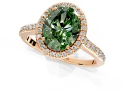 Halo Engagement Ring Setting for Fancy Green Oval Center with Pave Accents, Heart Basket and Prong Head in Rose Gold