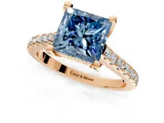 Solitaire Engagement Ring Setting for Fancy Blue Princess Cut Center with Widening Pave Band and Claw Prong Head in Rose Gold