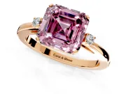 3 Stone Engagement Ring Setting for Fancy Pink Asscher Cut Center with Low-Set Round Cut Accents and Prong Head in Rose Gold
