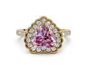 Milgrain Floral Halo Engagement Ring Setting for Fancy Pink Heart-Shaped Center with Pave Band and Prong Head in Yellow Gold