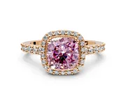 Halo Engagement Ring Setting for Fancy Pink Cushion Cut Center with Inner Milgrain Border and Prong Head in Rose Gold