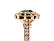 Halo Engagement Ring Setting for Fancy Green Cushion Cut Center with Milgrain Frame, Pave Band and Prong Head in Rose Gold
