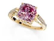 Cathedral Engagement Ring Setting for Fancy Pink Cushion Cut Center with Antique-Style Pave Band and Prong Head in Yellow Gold