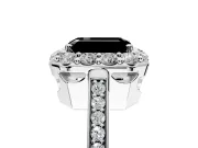Floral Halo Engagement Ring Setting for Fancy Black Emerald Cut Center with Large Halo Accents and Prong Head in Platinum