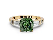 Bar-Set Engagement Ring Setting for Fancy Green Cushion Cut Center with Tapered Baguette Accents and Prong Head in Yellow Gold