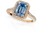 Halo Engagement Ring Setting for Fancy Blue Emerald Cut Center with Pave Accents, Heart Basket and Prong Head in Rose Gold
