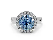 Halo Engagement Ring Setting for Fancy Blue Round Cut Center with Square Band and Prong Head in Platinum