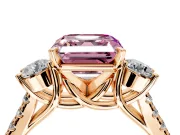 3 Stone Engagement Ring Setting for Fancy Pink Asscher Cut Center with Crossover Basket, Pave Band and Prong Head in Rose Gold