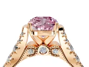 Solitaire Engagement Ring Setting for Fancy Pink Cushion Cut Center with Pave Cathedral Shoulders and Prong Head in Rose Gold