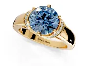Solitaire Engagement Ring Setting for Fancy Blue Round Cut Center with Wide Band, Pave Collar and Prong Head in Yellow Gold