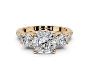 3 Stone Engagement Ring Setting for Cushion Cut Center with Crossover Basket, Pave Band and Prong Head in Yellow Gold
