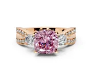 3 Stone Engagement Ring Setting for Fancy Pink Cushion Cut Center with Pave Twist Band and Prong Head in Rose Gold