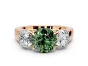 3 Stone Engagement Ring Setting for Fancy Green Round Cut Center with Raised Basket Heads and Prong Head in Rose Gold