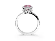 Halo Engagement Ring Setting for Fancy Pink Cushion Cut Center with Openwork Halo, Pave Band and Prong Head in Sterling Silver