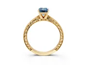 Solitaire Engagement Ring Setting for Fancy Blue Emerald Cut Center with Engraved Milgrain Band and Prong Head in Yellow Gold