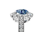 Halo Engagement Ring Setting for Fancy Blue Round Cut Center with Milgrain Channel Band and Prong Head in Platinum