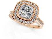 Halo Engagement Ring Setting for Cushion Cut Center with Milgrain Frame, Pave Band and Prong Head in Rose Gold