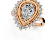 Halo Engagement Ring Setting for Pear-Shaped Center with Milgrain Bezel Rim, Plain Band and Prong Head in Rose Gold