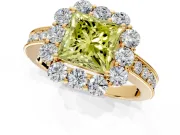 Halo Engagement Ring Setting for Fancy Yellow Princess Cut Center with Milgrain Channel Band and Prong Head in Yellow Gold