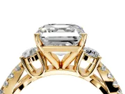 3 Stone Engagement Ring Setting for Asscher Cut Center with Pave Split Shank and Prong Head in Yellow Gold