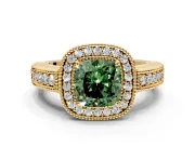 Milgrain Halo Engagement Ring Setting for Fancy Green Cushion Cut Center with Pave Band and Prong Head in Yellow Gold