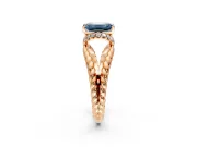Halo Engagement Ring Setting for Fancy Blue Emerald Cut Center with Rope Twist Split Shank and Prong Head in Rose Gold