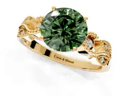 Leaf Engagement Ring Setting for Fancy Green Round Cut Center with Milgrain Accent Band and Prong Head in Yellow Gold